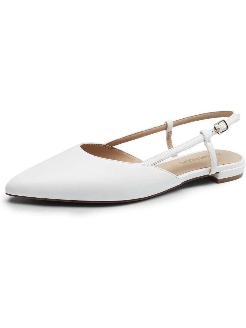 Women's White Pu Slingback Pointed Toe Ballet Flats Buckle Strap Casual Shoes